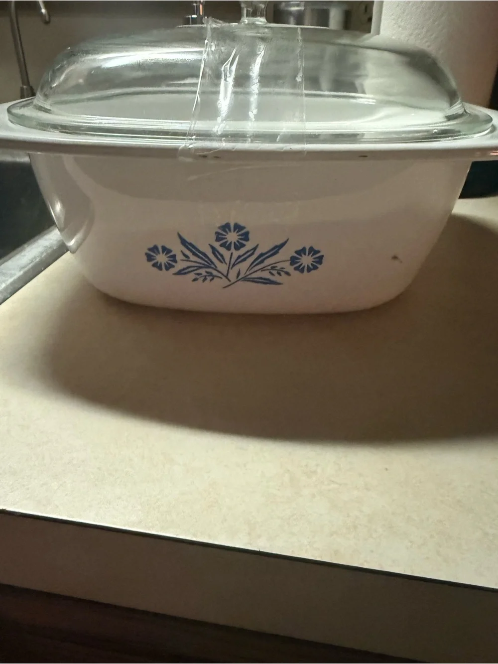 Corningware White Covered Casserole with Blue Floral Design
